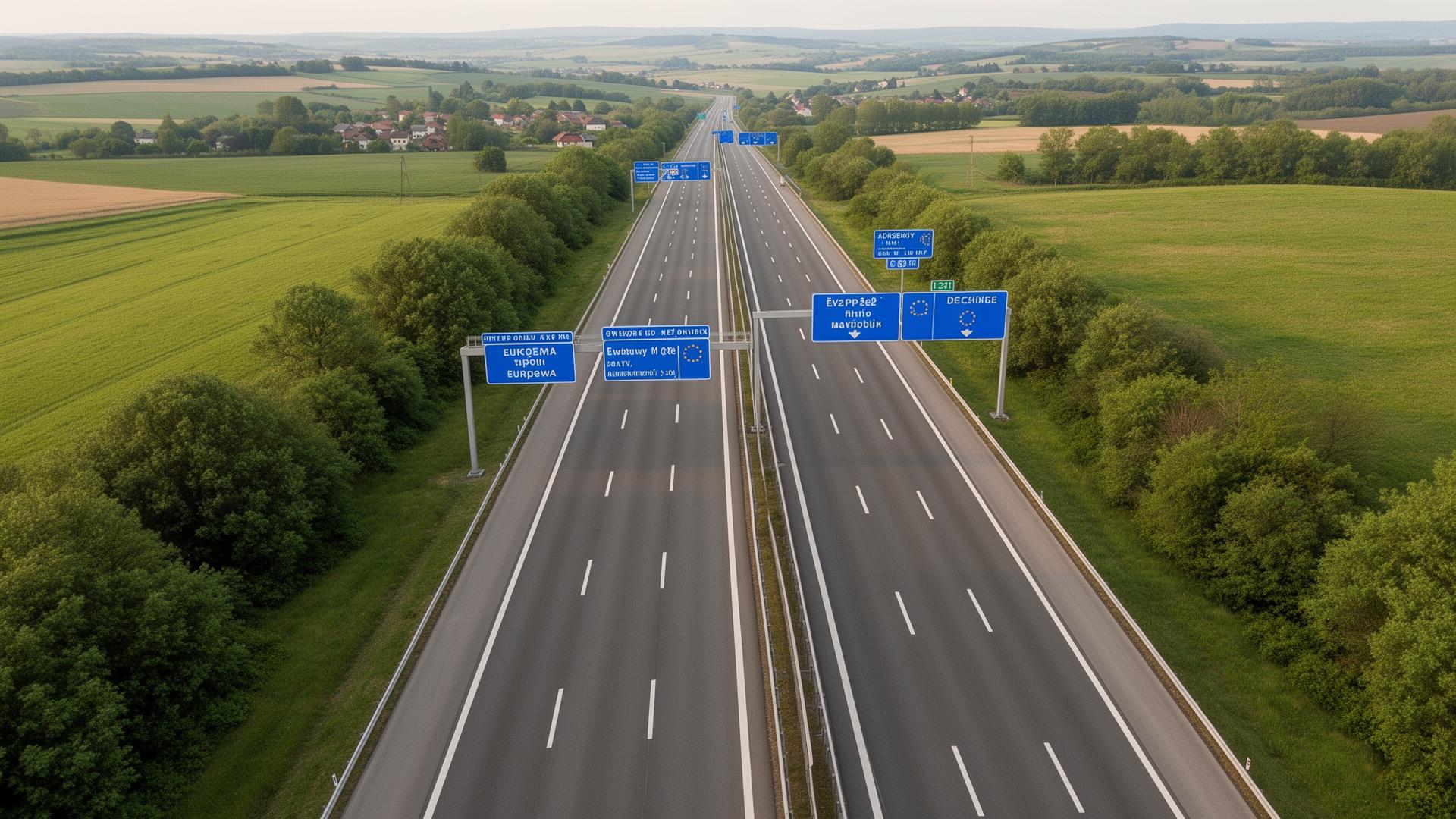 Aerial view of a Czech motorway with European road signage